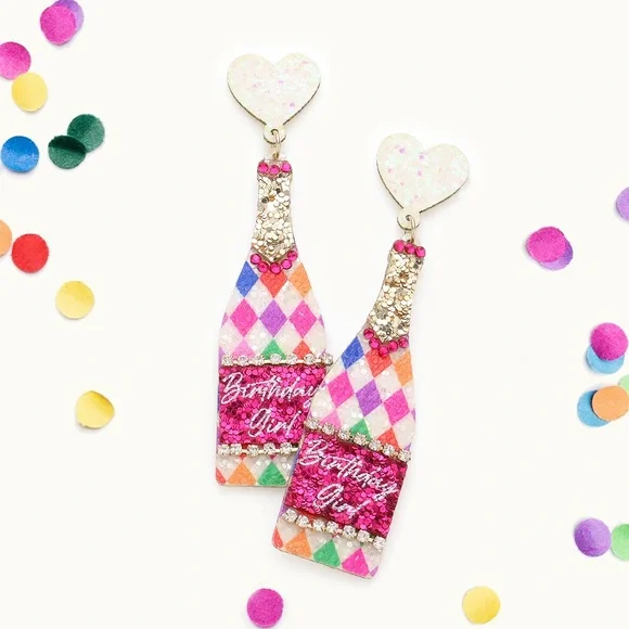 Birthday girl glitter dangle champagne earrings - Picture 1 of 4